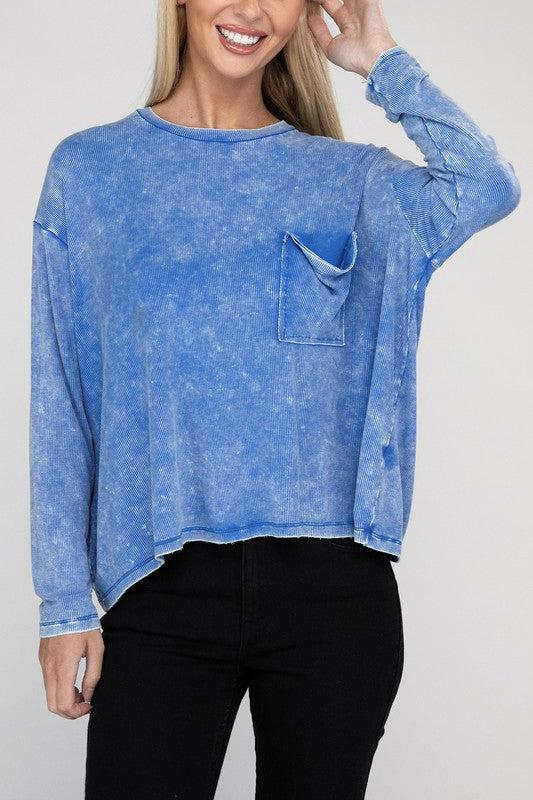 Washed Ribbed Dolman Sleeve Round Neck Top - Zenana