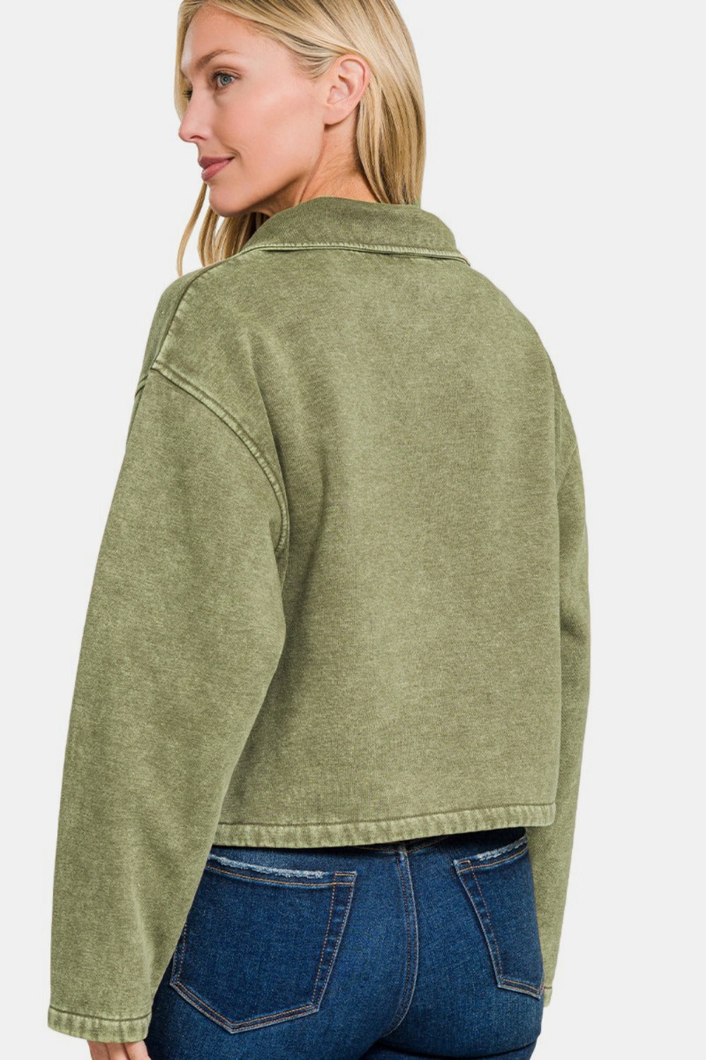 Zenana Acid Wash Fleece Half Snap Sweatshirt with Pocket - Olive