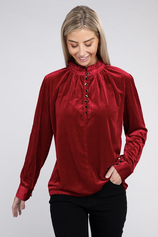 Frill Notched Neckline Velvet Blouse - Nuvi Apparel