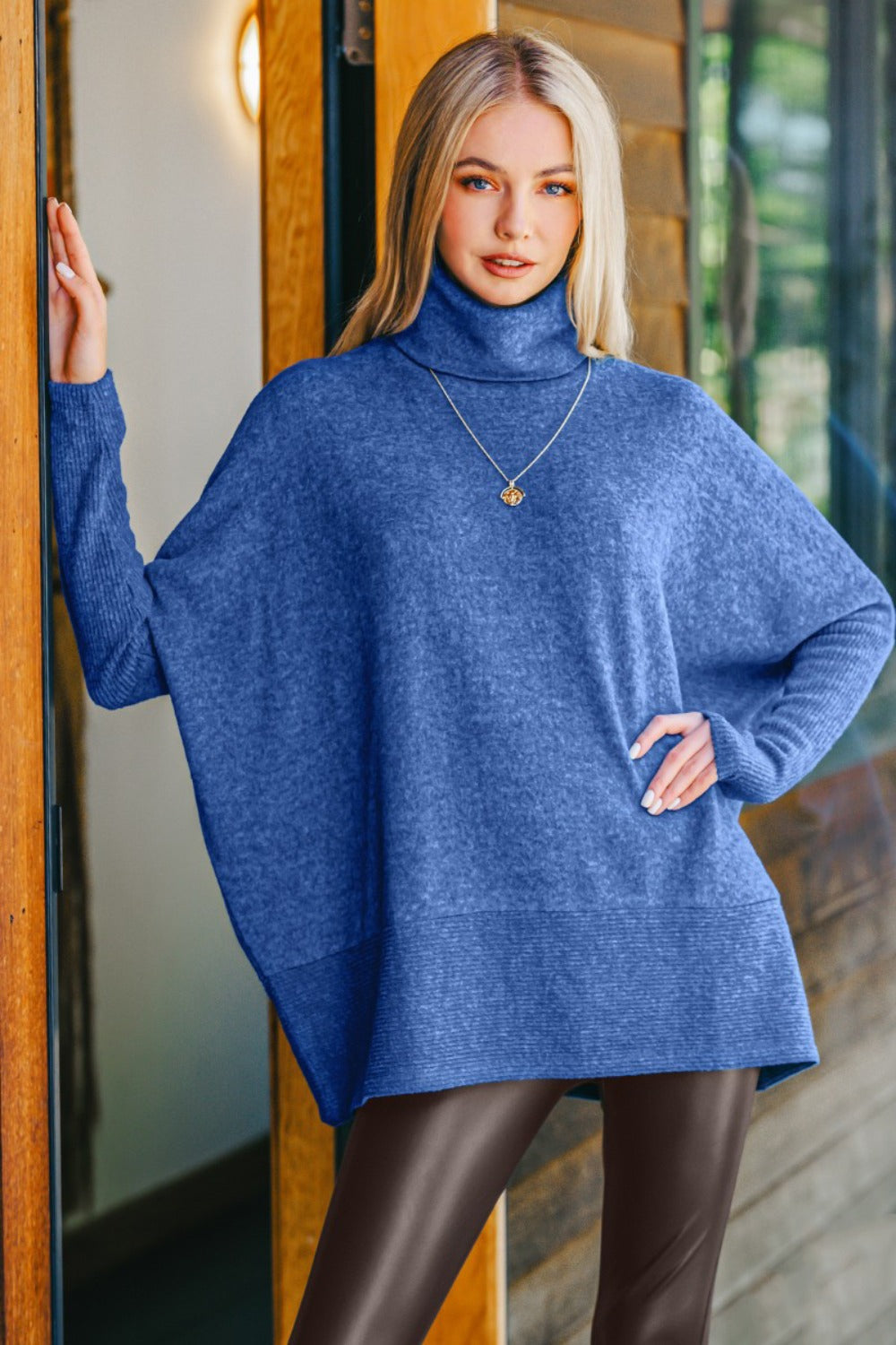 Zenana Full Size Brushed Melange Hacci Turtleneck Sweater - Light Navy