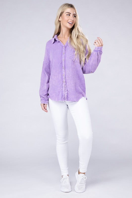 Washed Double Gauze Button Down Shirt - Zenana