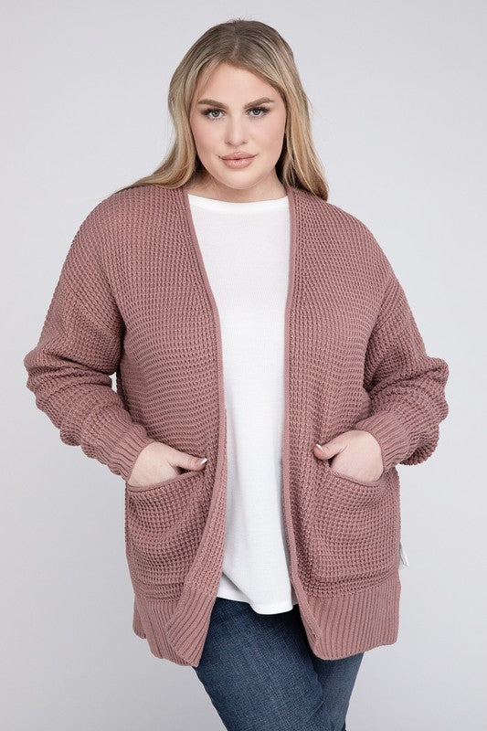 Plus Low Gauge Waffle Open Cardigan Sweater - Zenana