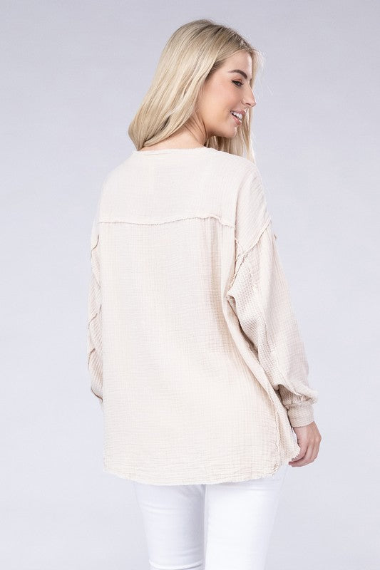 Double Gauze Oversized 3/4 Button Henley Neck Top - Zenana