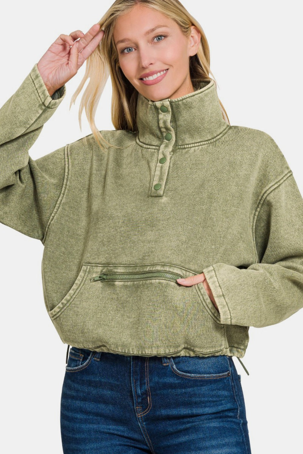 Zenana Acid Wash Fleece Half Snap Sweatshirt with Pocket - Olive