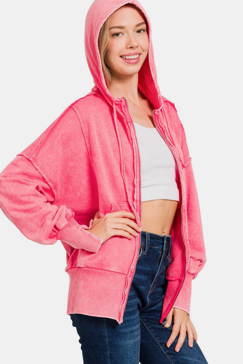 Zenana Acid Washed French Terry Zip-Up Hoodie with Pockets - Fuchsia