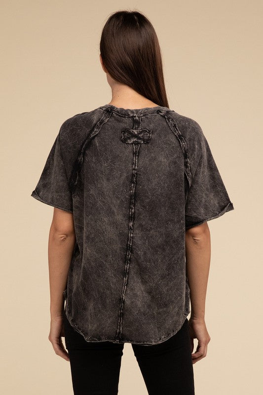 Back Patch Crinkle Washed Raglan Sleeve T-Shirt - Zenana