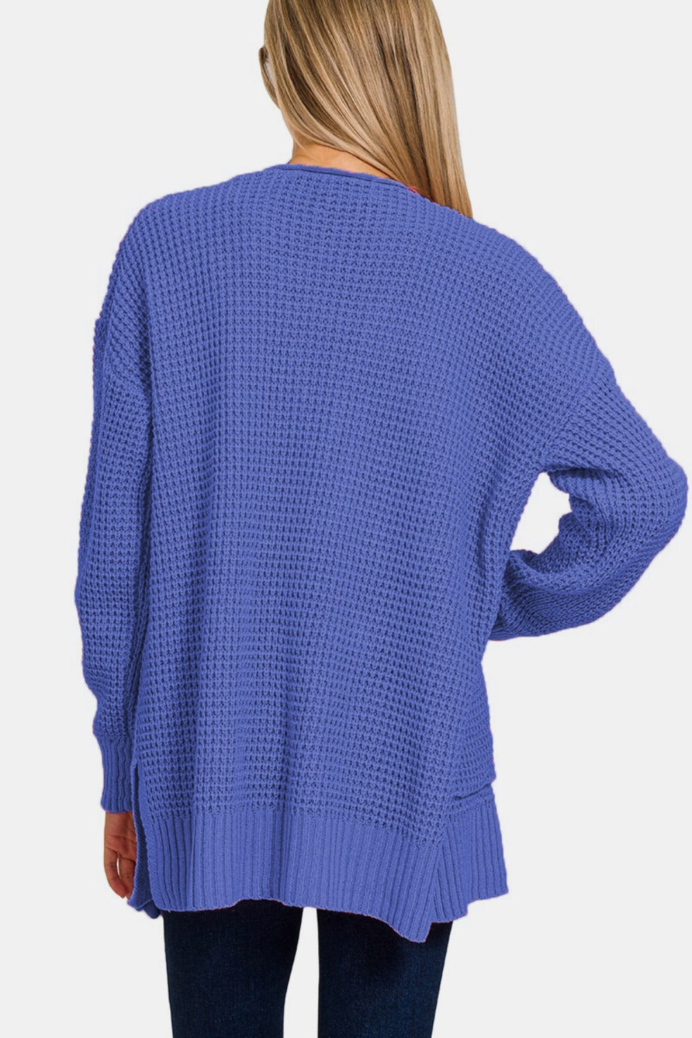 Zenana Waffle Open Front Sweater Cardigan - Marlin