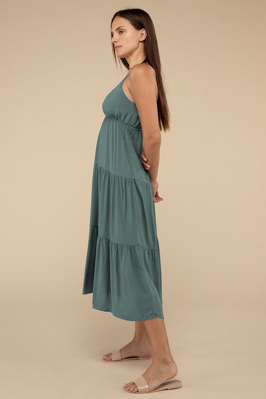 Woven Sweetheart Neckline Tiered Cami Midi Dress - Zenana