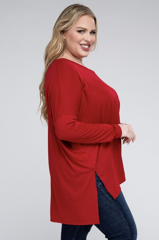 Plus Dolman Sleeve V-Neck Side Slit Hi-Low Hem Top - Zenana