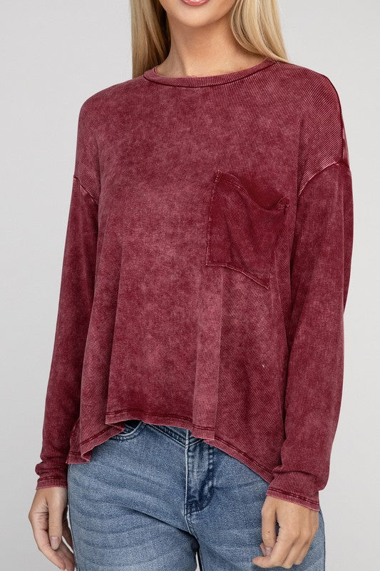 Washed Ribbed Dolman Sleeve Round Neck Top - Zenana