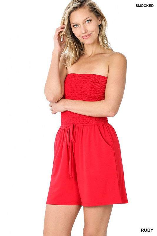 Smocked Tube Romper with Pockets - Zenana