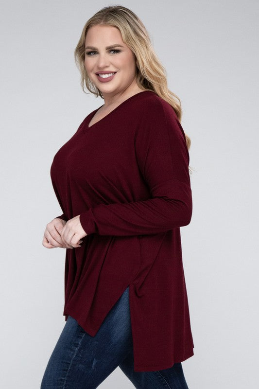Plus Dolman Sleeve V-Neck Side Slit Hi-Low Hem Top - Zenana