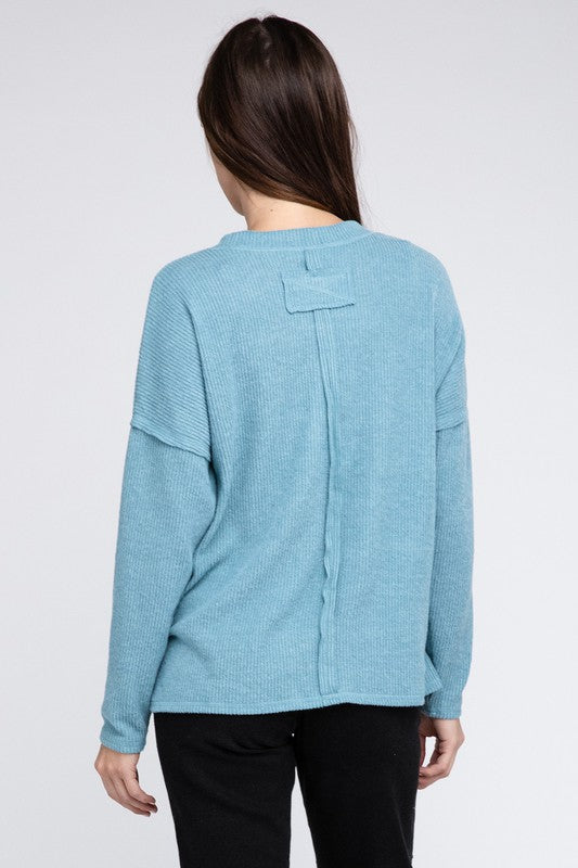 Ribbed Brushed Melange Hacci Sweater with a Pocket - Zenana