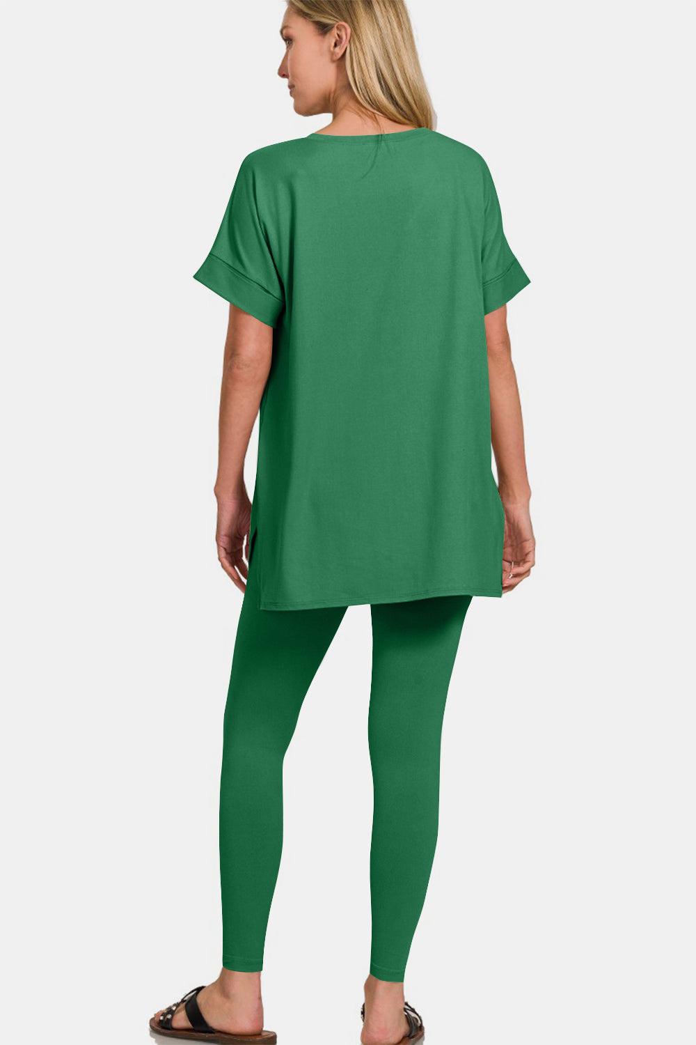 Zenana Full Size V-Neck Rolled Short Sleeve T-Shirt and Leggings Lounge Set - Forest
