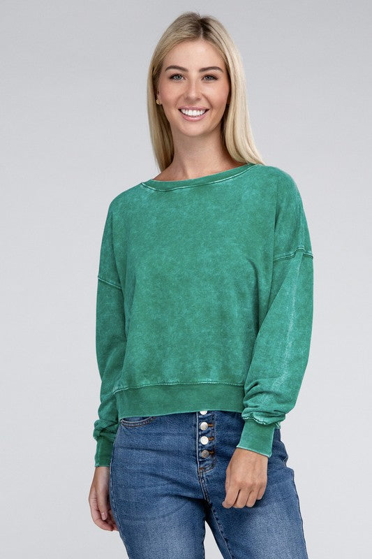 French Terry Acid Wash Boat Neck Pullover - Zenana