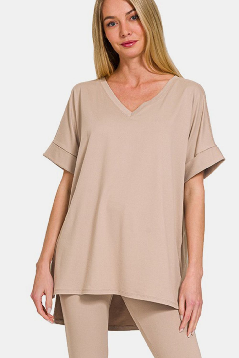 Zenana Full Size V-Neck Rolled Short Sleeve T-Shirt and Leggings Lounge Set - Lt Mocha