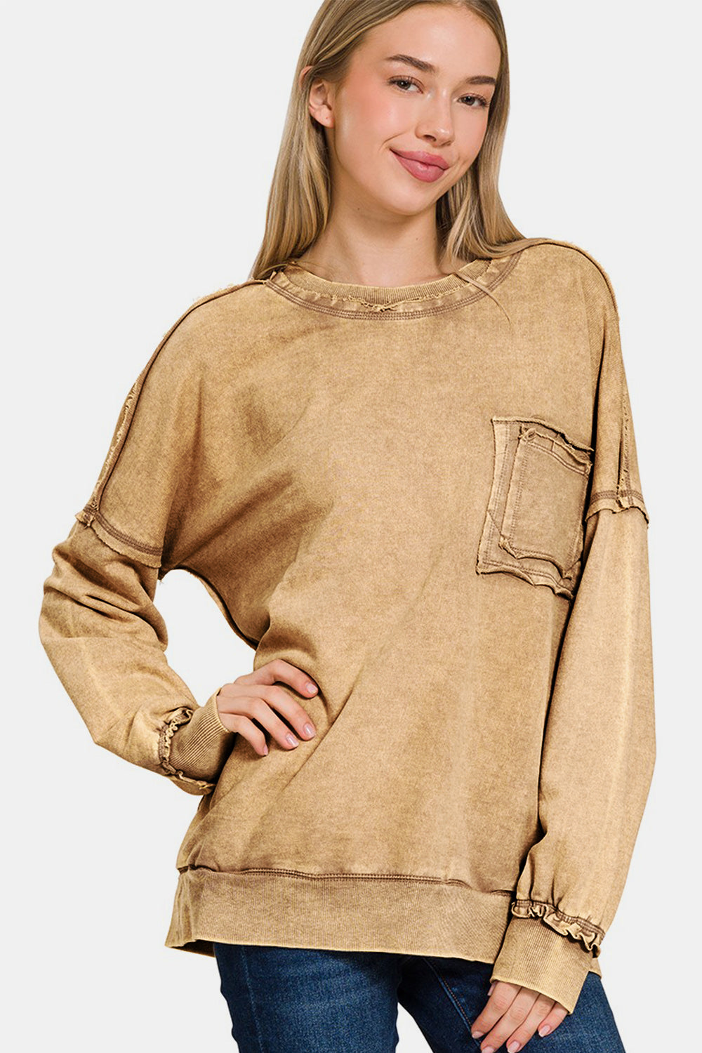 Zenana Exposed Seam Round Neck Dropped Shoulder Sweatshirt - Camel