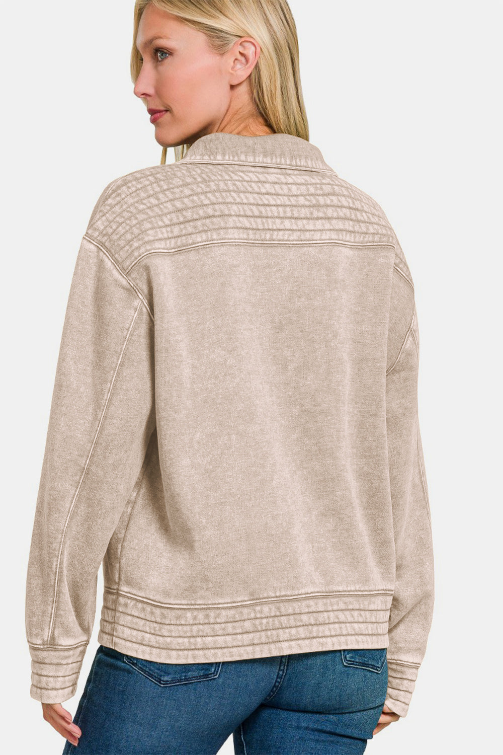 Zenana Acid Washed Half Snap Fleece Sweatshirt - Ash Mocha