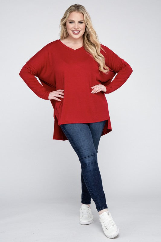 Plus Dolman Sleeve V-Neck Side Slit Hi-Low Hem Top - Zenana