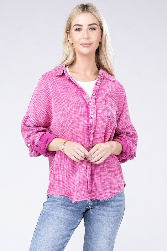 Washed Double Gauze Button Down Shirt - Zenana