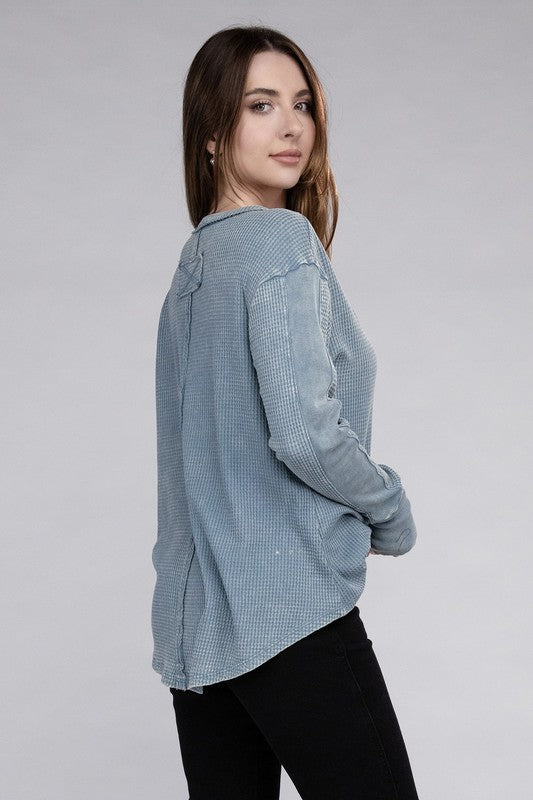 Washed Baby Waffle Long Sleeve Top - Zenana
