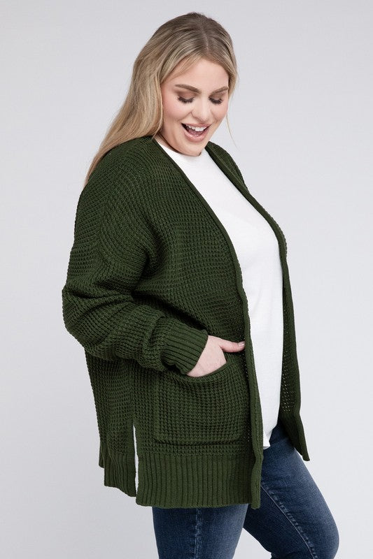 Plus Low Gauge Waffle Open Cardigan Sweater - Zenana