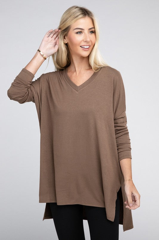 Dolman Long Sleeve V-Neck Side Slit Hi-Low Hem Top - Zenana