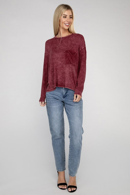 Washed Ribbed Dolman Sleeve Round Neck Top - Zenana