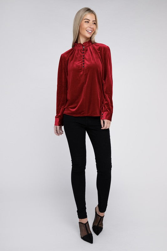 Frill Notched Neckline Velvet Blouse - Nuvi Apparel