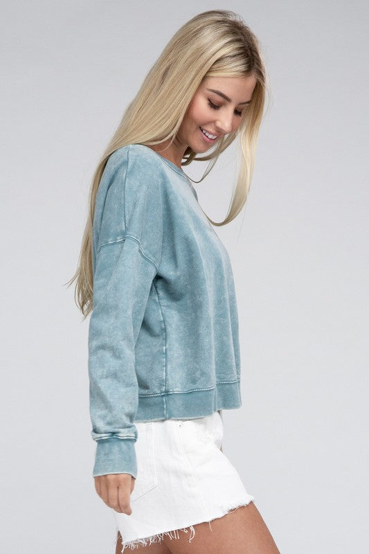 French Terry Acid Wash Boat Neck Pullover - Zenana