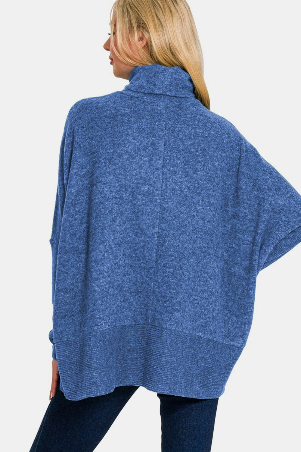 Zenana Full Size Brushed Melange Hacci Turtleneck Sweater - Light Navy