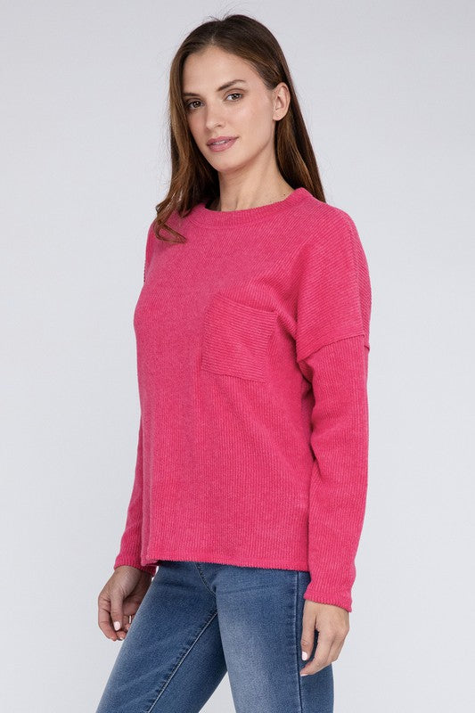 Ribbed Brushed Melange Hacci Sweater with a Pocket - Zenana