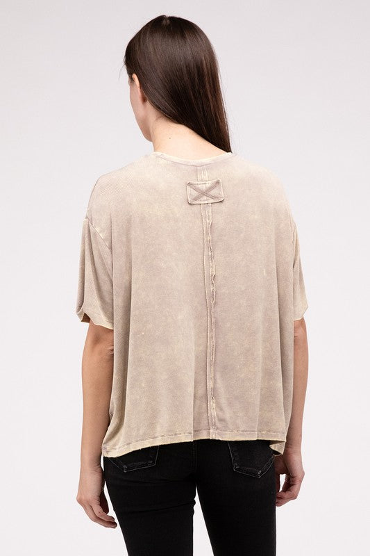 Washed Ribbed Cuffed Short Sleeve Round Neck Top - Zenana