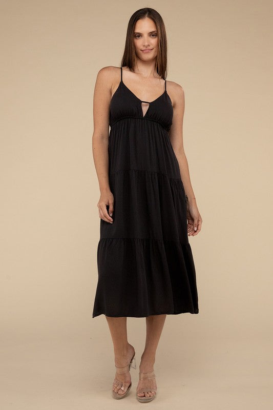 Woven Sweetheart Neckline Tiered Cami Midi Dress - Zenana