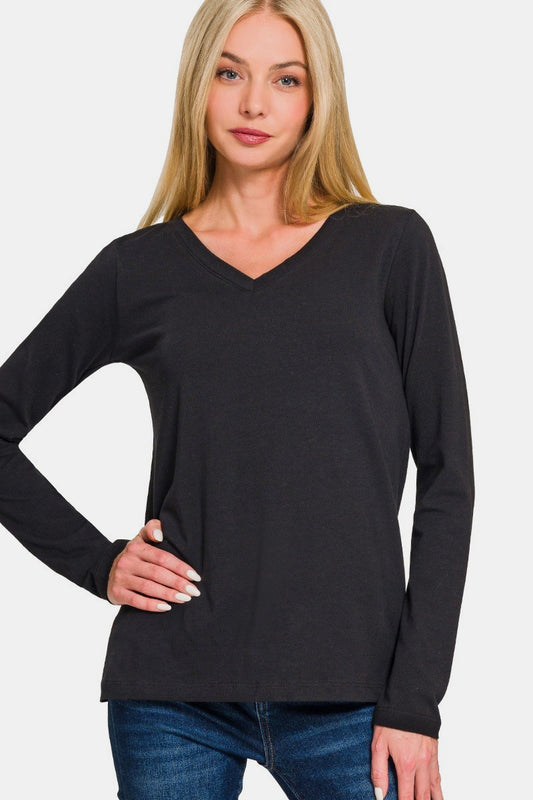 Zenana Full Size V-Neck Long Sleeve T-Shirt - Black