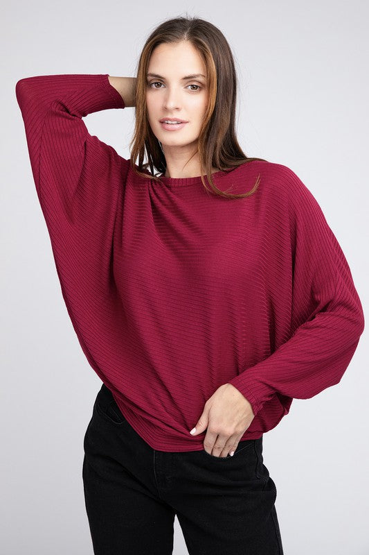 Ribbed Batwing Long Sleeve Boat Neck Sweater - Zenana
