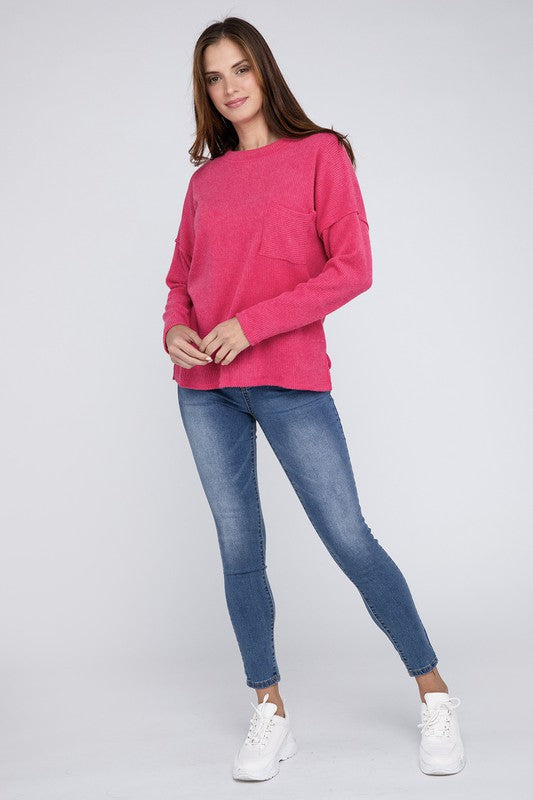 Ribbed Brushed Melange Hacci Sweater with a Pocket - Zenana