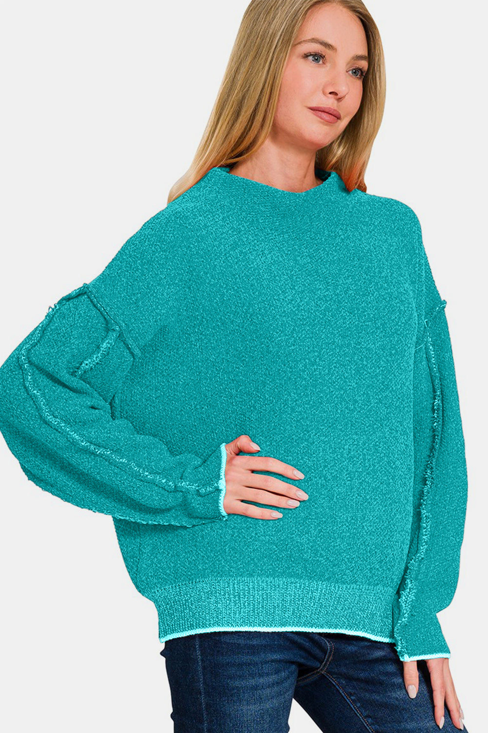 Zenana Exposed Seam Mock Neck Long Sleeve Sweater - Lt. Teal