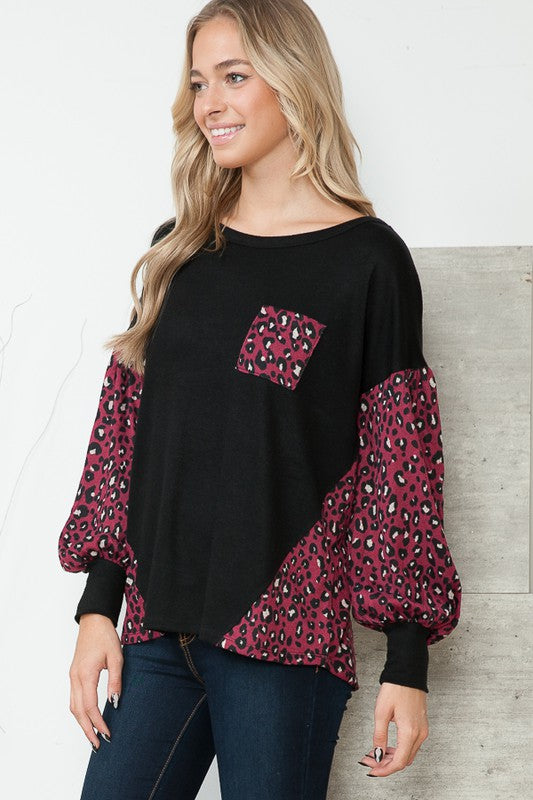 Leopard Print Contrasted Balloon Sleeve Sweater - Orange Farm Clothing