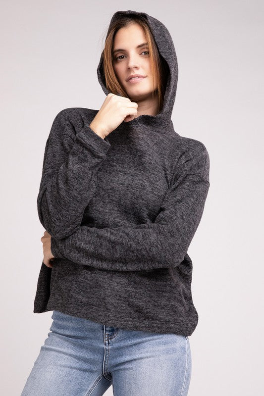 Hooded Brushed Melange Hacci Sweater - Zenana