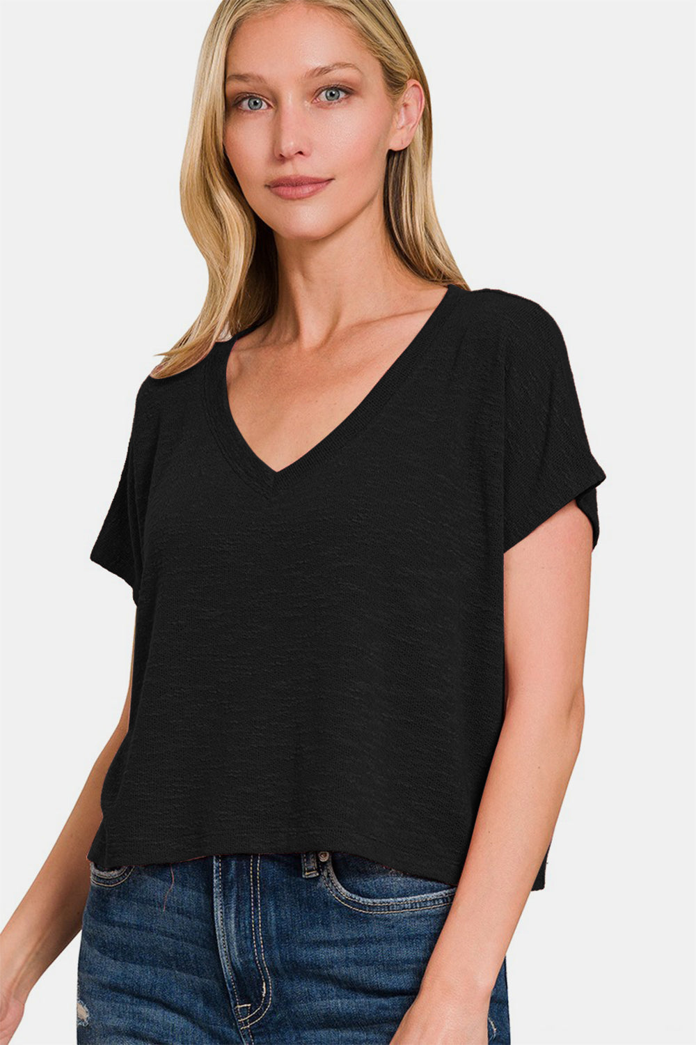 Zenana V-Neck Short Sleeve Crop T-Shirt - Black