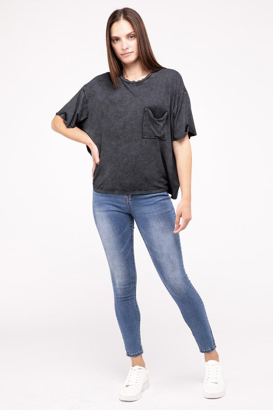 Washed Ribbed Cuffed Short Sleeve Round Neck Top - Zenana