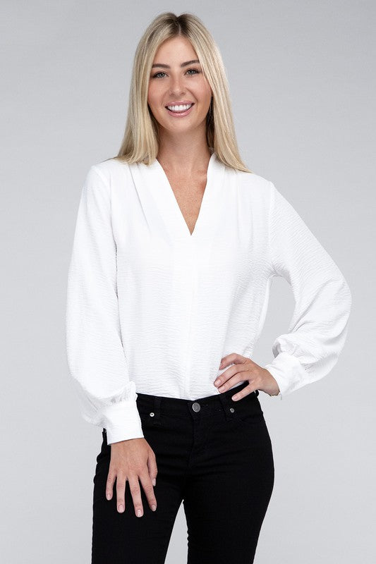 Woven Airflow V-Neck Long Sleeve Top - Zenana