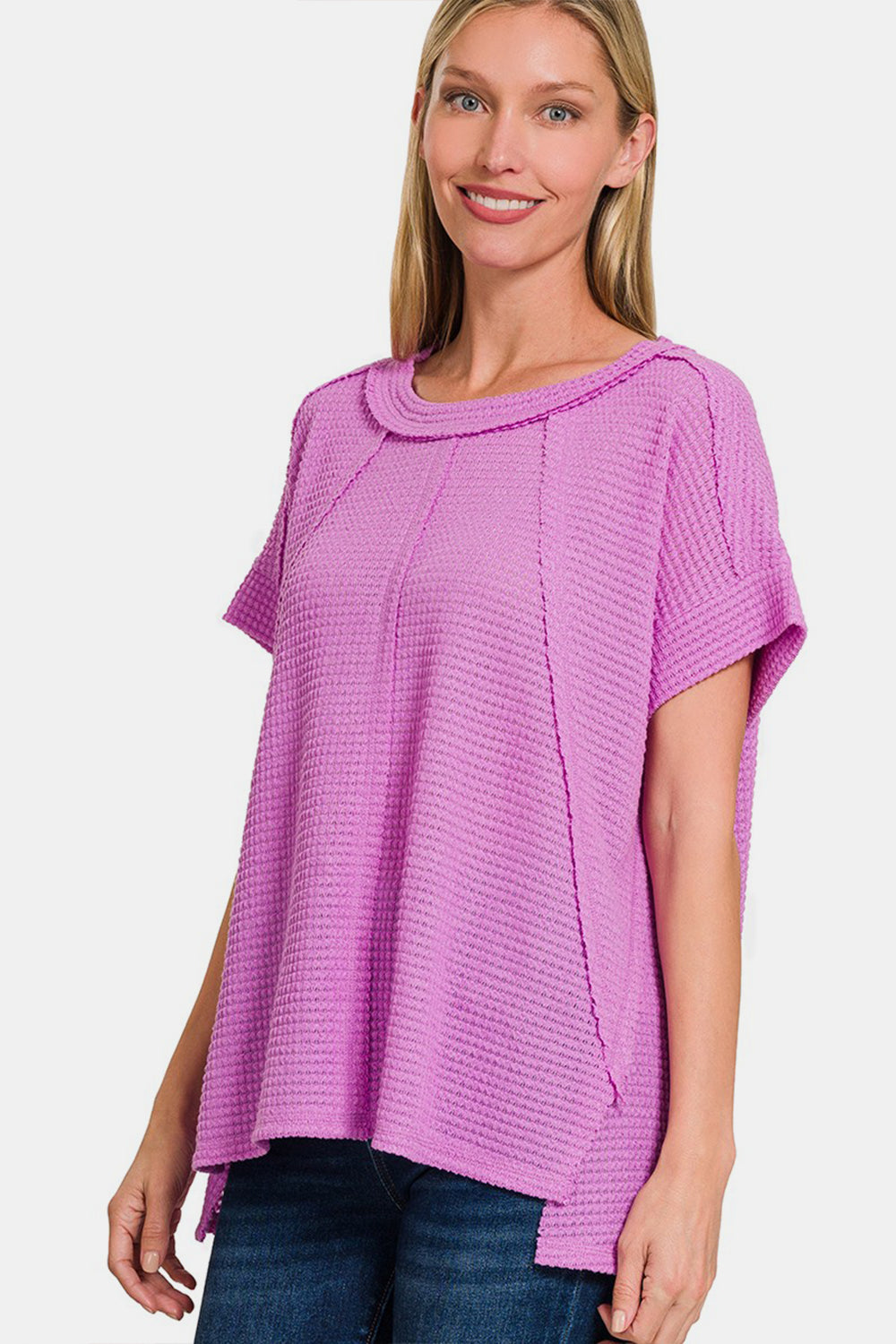 Zenana Waffle Exposed-Seam Short Sleeve T-Shirt - Lavender