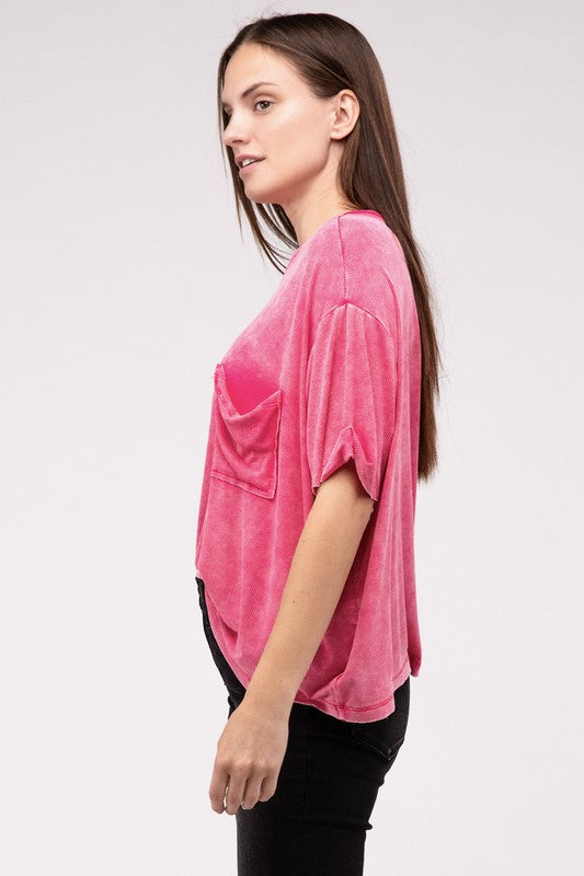 Washed Ribbed Cuffed Short Sleeve Round Neck Top - Zenana