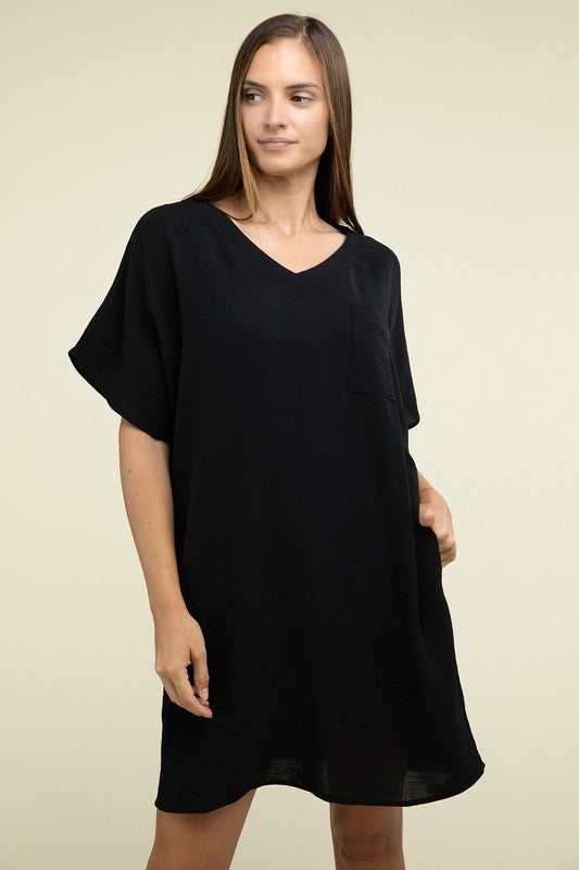 Woven Airflow V Neck T-Shirt Dress with Pockets - Zenana