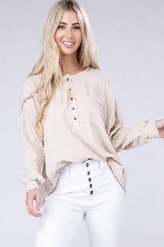 Double Gauze Oversized 3/4 Button Henley Neck Top - Zenana