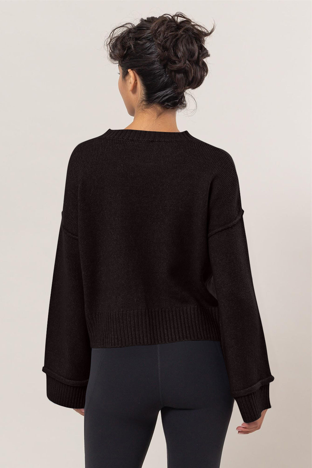 HYFVE Round Neck Dropped Shoulder Ribbed Sweater - Black
