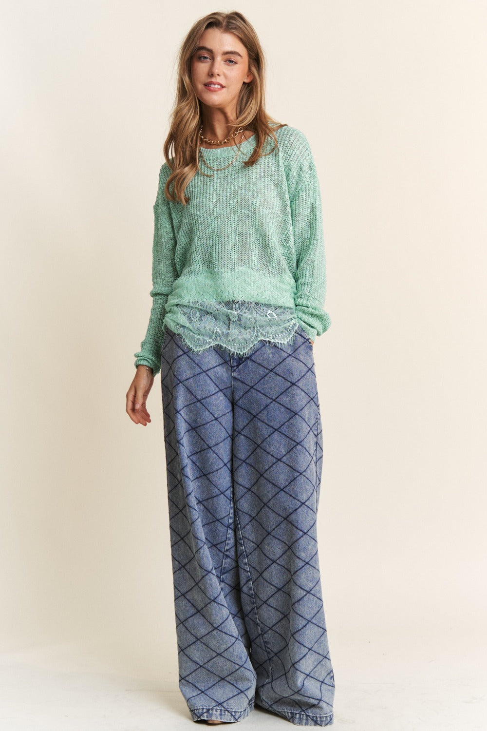 J.NNA Lace Detail Long Sleeve Knit Top - Sage