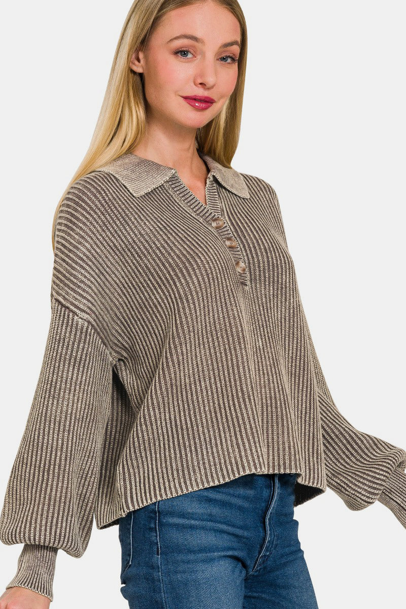 Zenana Washed Half Button Long Sleeve Sweater - Mocha